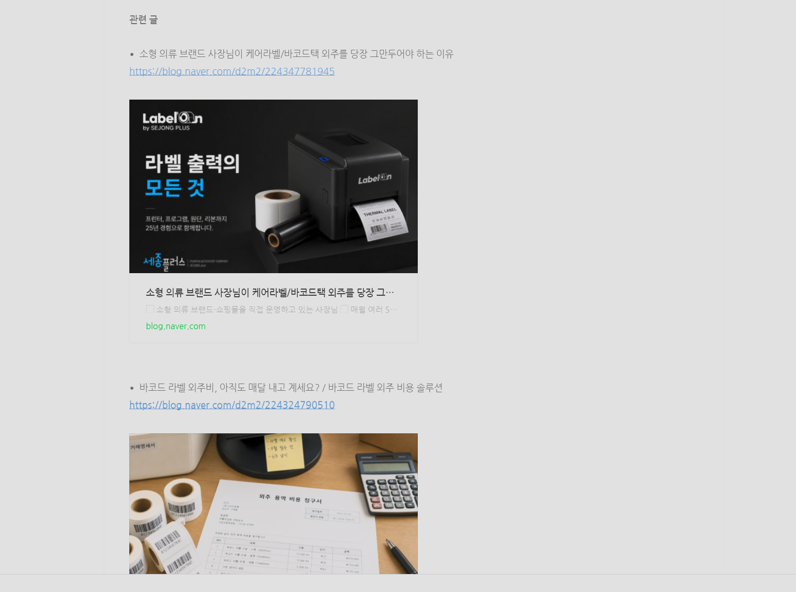 세종플러스 블로그 글 하단에 연결된 관련 글 화면